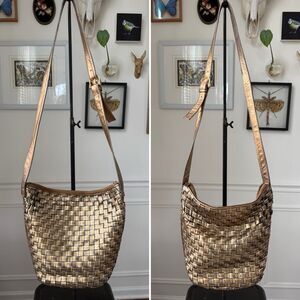 Vintage CEM Bucket Purse Metallic Woven Leather Crossbody Shoulder Strap Brazil
